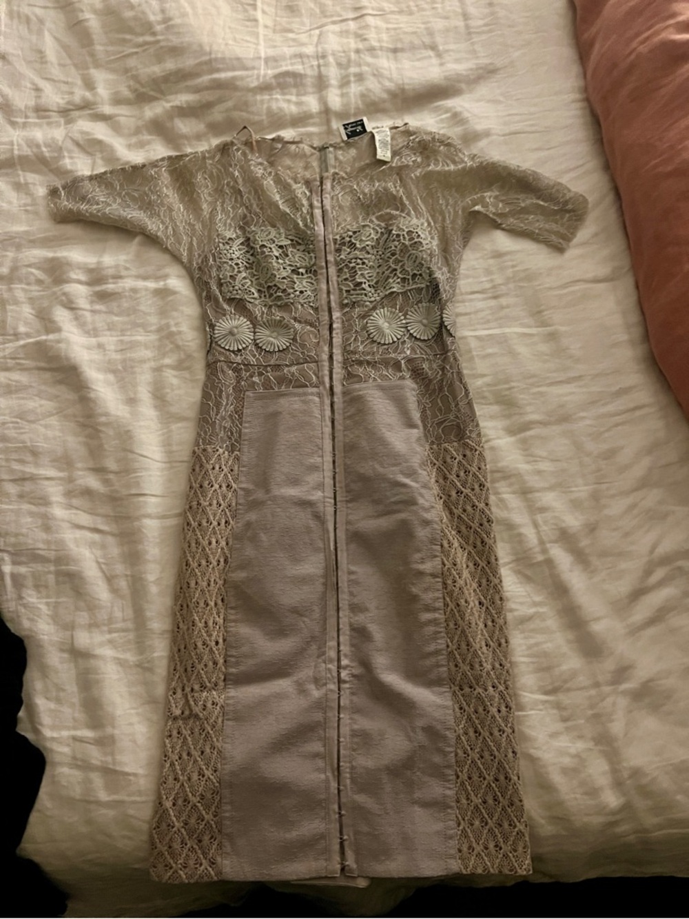 ANTHRO Byron Lars Pale Gray Lace Midi Dress with Self-Tie Waist - Picture 2 of 4